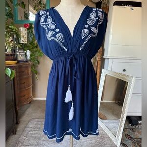 Back From Bali Navy Tunic With White Embroidery, Elastic Waist Tassel Ties L/XL